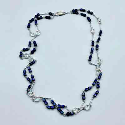 Bead-and-link necklace, dark blue cube beads with clear faceted glass