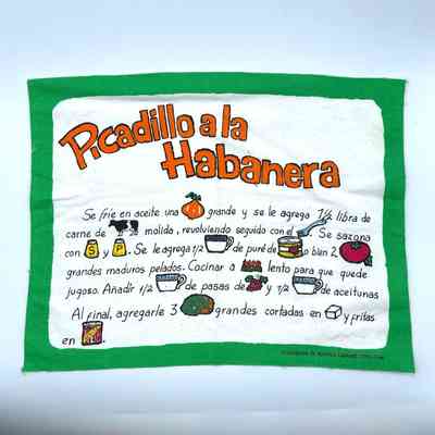 Printed recipe cloth — "Picadillo a la Habanera" (Federación de Mujeres Cubanas)
