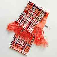 Fringed scarf, red/maroon plaid print (hand-printed, Japan)