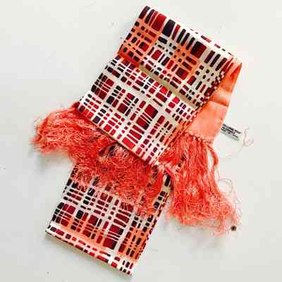Fringed scarf, red/maroon plaid print (hand-printed, Japan)