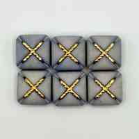Set of six matching square buttons, blue with golden "X" motif