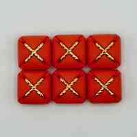 Set of six matching square buttons, red with golden "X" motif