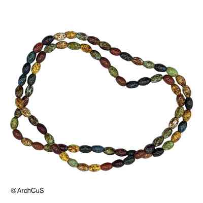 Long glass-bead necklace (rope/sautoir), mottled/speckled ("Picasso"-type) glaze
