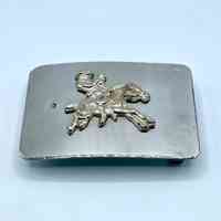 Belt buckle, artisanal, with bucking-bronco/rodeo rider appliqué