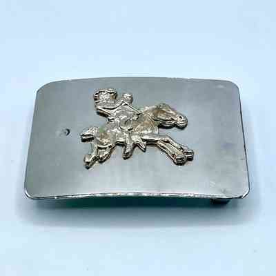 Belt buckle, artisanal, with bucking-bronco/rodeo rider appliqué