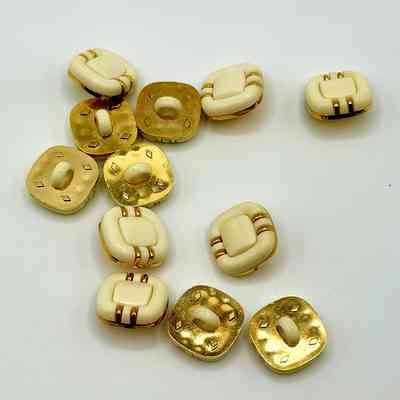 Set of Twelve Square Shank Buttons — Cream/Greenish with Gold-Tone Accents