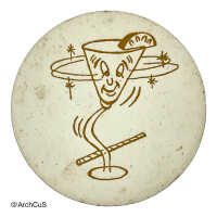 Paper pulpboard drink coaster (portavasos) with anthropomorphic cocktail-glass illustration