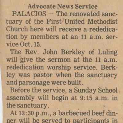 Rededication scheduled at Palacios