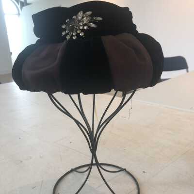 Black & Brown Velvet Hat with Broach in Front