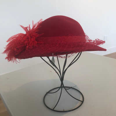 Red Woolen Hat with Feathers and Fishnet