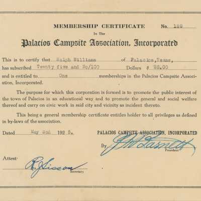 Palacios Campsite Association, Membership Certificate