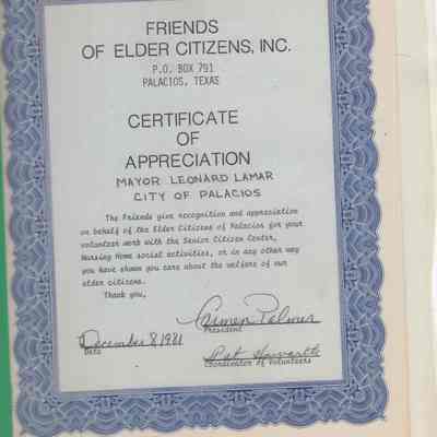 Friends of Elder Citizens, Certificate of Appreciation from Mayor Leonard Lamar