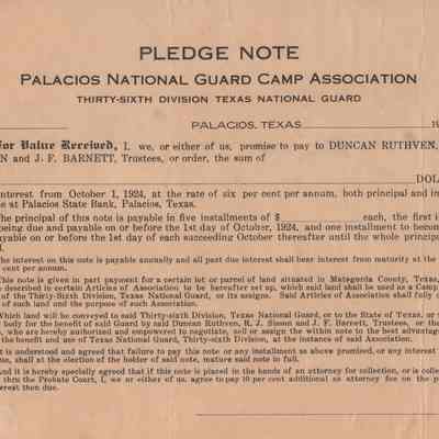 Pledge Note, Palacios National Guard Camp Association