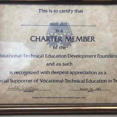 Certificate to Margie Holst