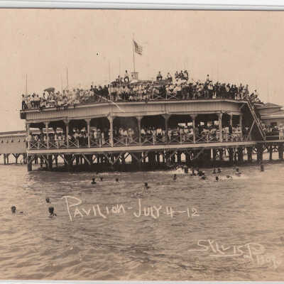 Pavilion, post card, July 4th 1912, people on roof
