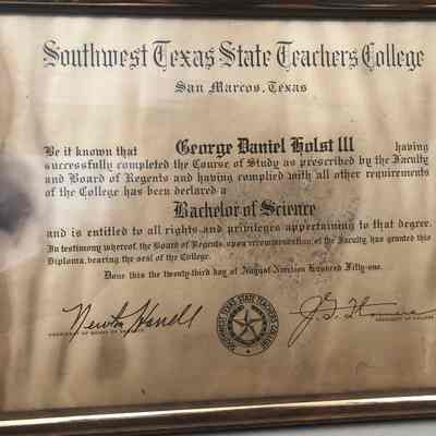 Southwest Texas State Teachers College Certificate to George Holst