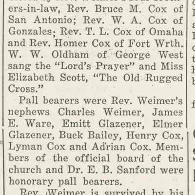 Rev. W.J. Weimer, Methodist pastor, buried here Monday