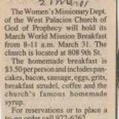 Palacious church holds breakfast on March 31st