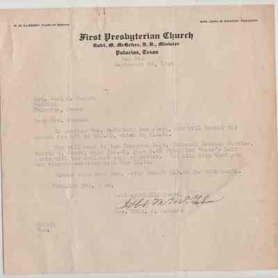 Letter Robt. M. McGehee to Mrs. Carl M. Backen, Box 281, Palacios, Texas 29 Sep. 1944