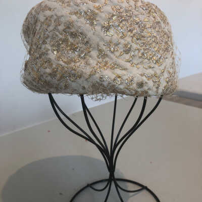 White Canvas Hat with Gold and Silver Inlay Decor and Fishnet