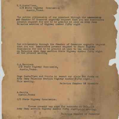 Letter Palacios Chamber of Commerce to E.N. Gustaffsen