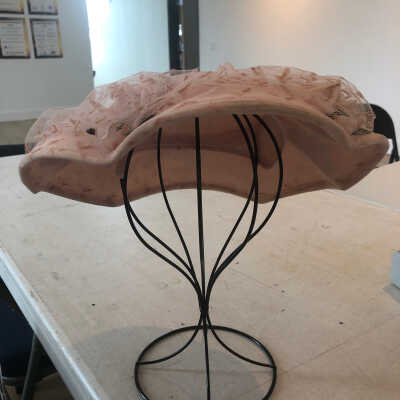 Pink Fishnet covered fabric Hat with Fake Flowers