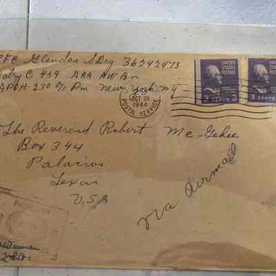 Envelope PFC Glendon S Dey to The Reverend Robert Mc Gehee Oct. 1944