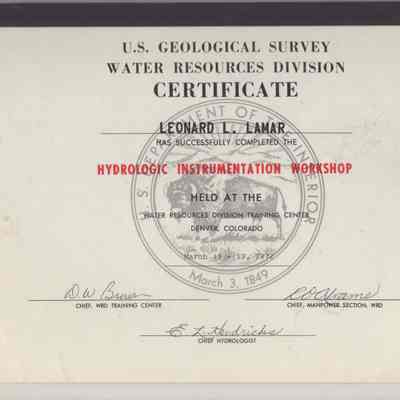US Geological Survey Water Resources Division Certificate to Leonard Lamar