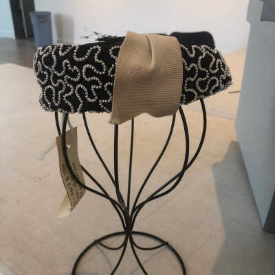 Black Straw Hat with White Beads, Ribbon, and Mesh