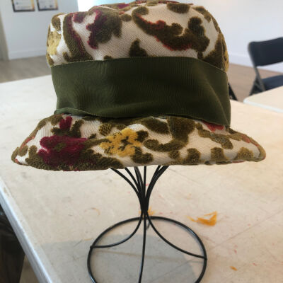 White Embroidered Hat with Green Ribbon