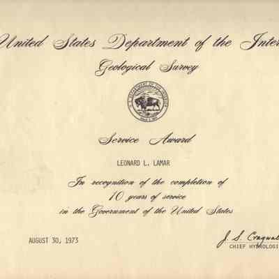 US Department of Interior Geological Survey Service Award to Leonard L. Lamar