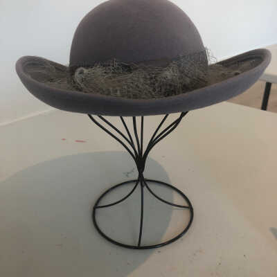 Gray Felt Hat with Fishnet and Ribbon