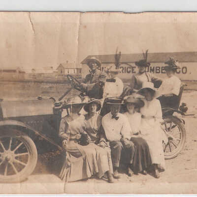 Street scene, Blessing towns People on Model A car, Price lumber yard