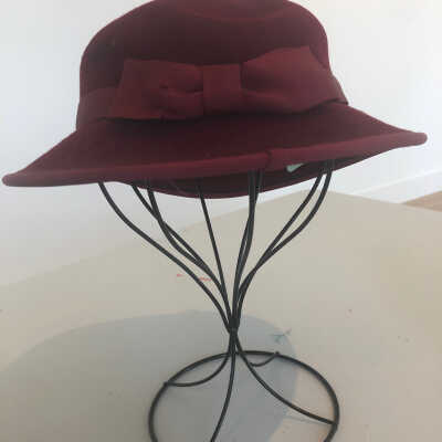 Burgundy Velvet Hat with Bow, Ribbon, and Fishnet
