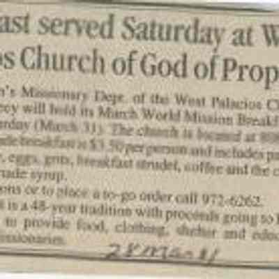 Breakfast served Saturday at West Palacios Church of God of Prophecy