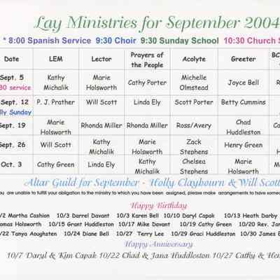 Lay Ministries for September 2004