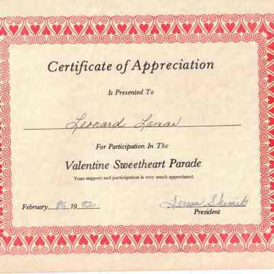 Valentine Sweetheart Parade Certificate