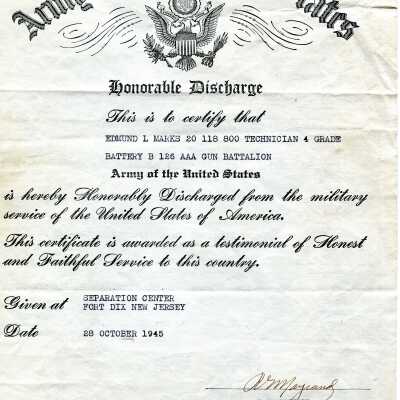 Edmund Marks Honorable Discharge Paper