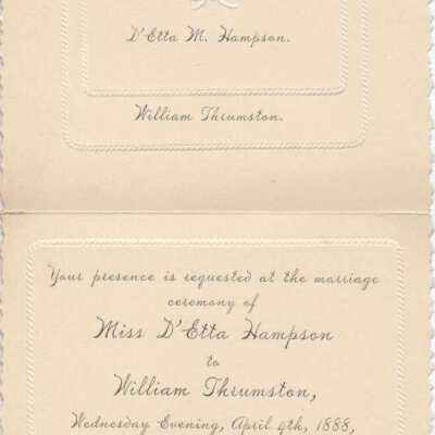Wedding announcement for D'Etta Hampson & William Thrumston, April 4, 1888