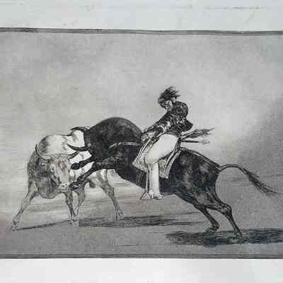 El mismo Ceballos montado sobre otro toro quiebra rejones en la plaza de Madrid (La Tauromaquia, Plate 24)