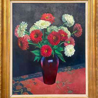 Zinnias in Burgundy Vase