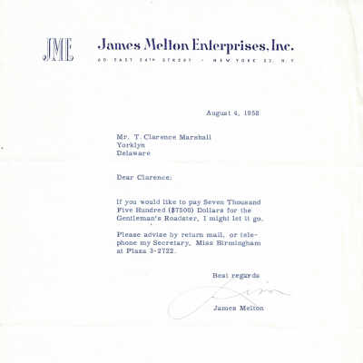 1958 letter from James Melton to T Clarence Marshall soliciting interest in Melton's Gentleman's Roadster