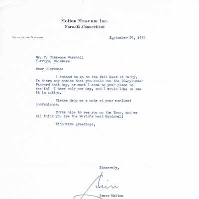 1952 letter from James Melton to T Clarence Marshall regarding upcoming car meet