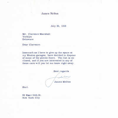 1956 letter from James Melton to T Clarence Marshall soliciting interest in the Melton collection