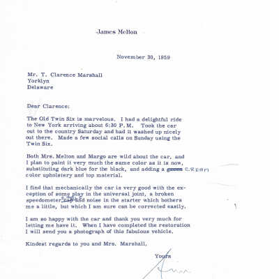 1959 letter from James Melton to T Clarence Marshall regarding Melton's 1917 Packard