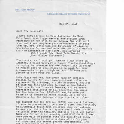 1962 letter from Marjorie Melton to T Clarence Marshall regarding payment for Cagney locomotive