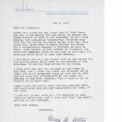 1962 letter from Marjorie Melton to T Clarence Marshall regarding tracks associated with the Cagney locomotive