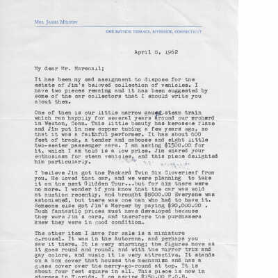 1962 letter from Marjorie Melton to T Clarence Marshall soliciting interest in Cagney steam locomotive