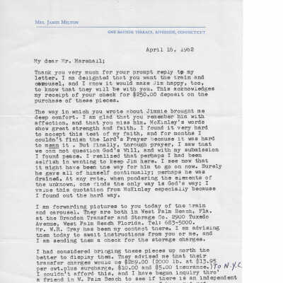 1962 letter from Marjorie Melton to T Clarence Marshall regarding his purchase of the Cagney steam locomotive