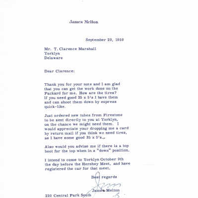 1959 letter from James Melton to T Clarence Marshall regarding repair on Melton's Packard